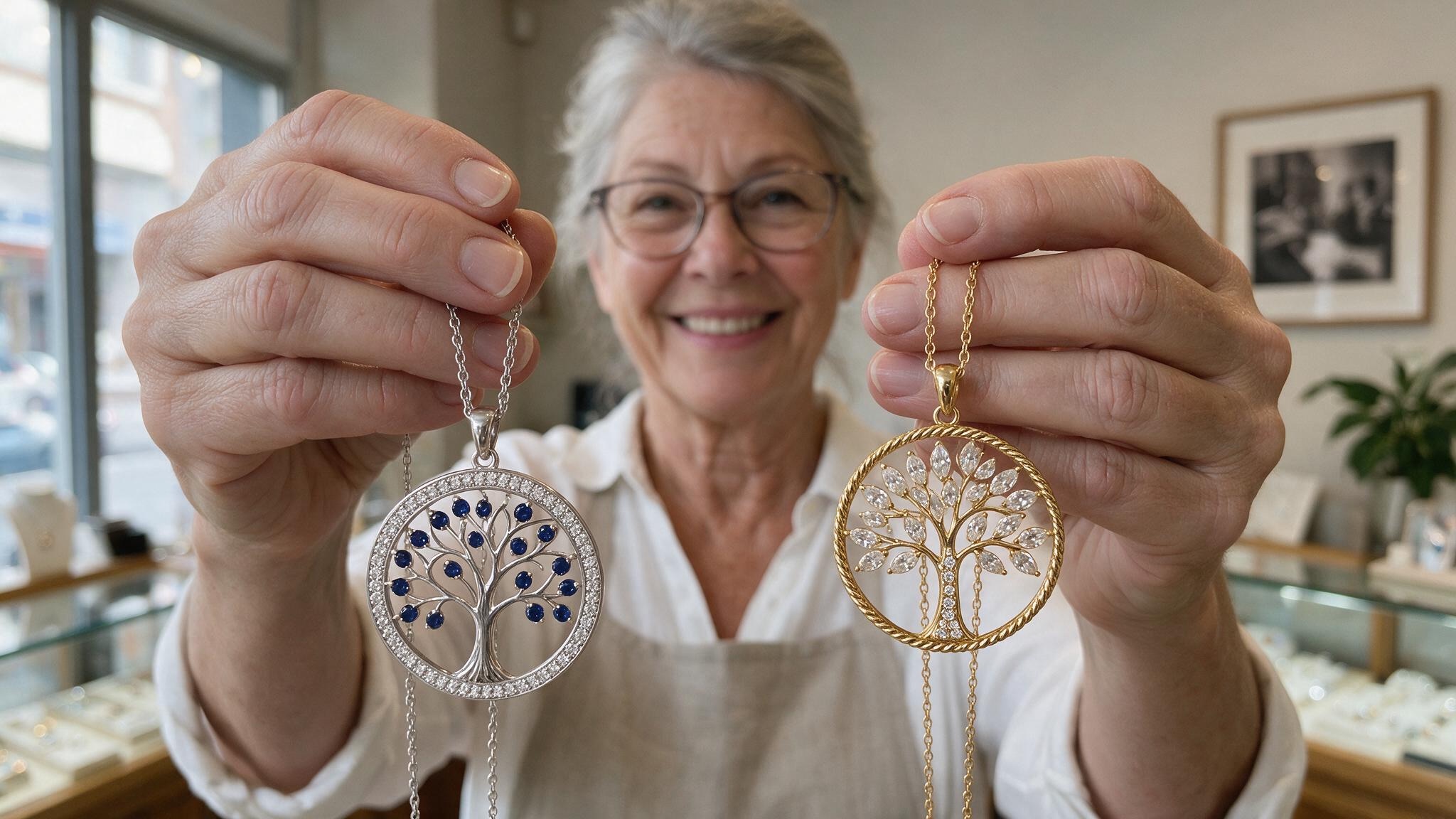 Jarah in her South Yarra boutique, holding up two little tree-of-life pendant necklaces — one silver, one gold — to the window light