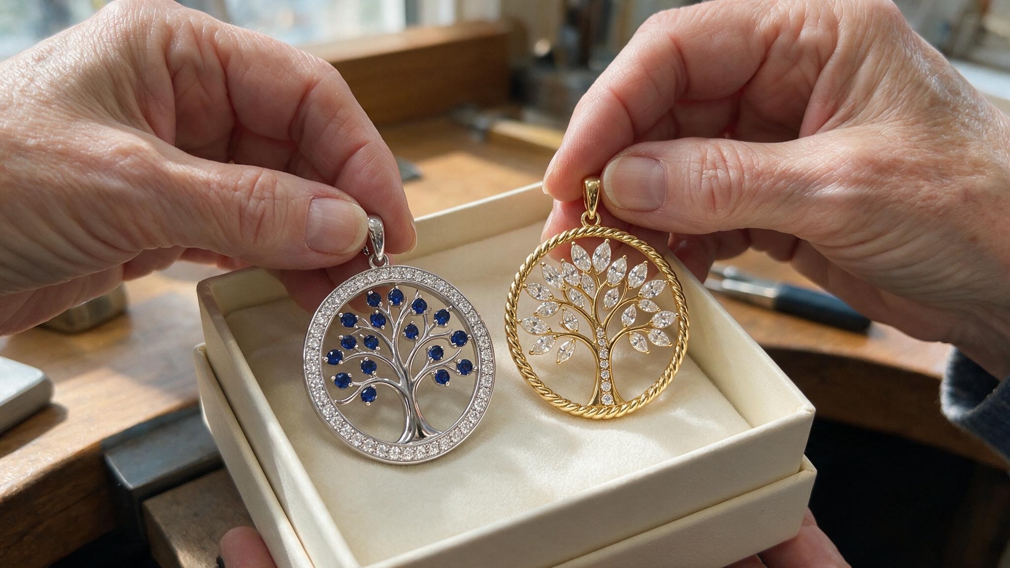 Two little tree-of-life pendants, one silver and one gold, being placed side by side into a small gift box