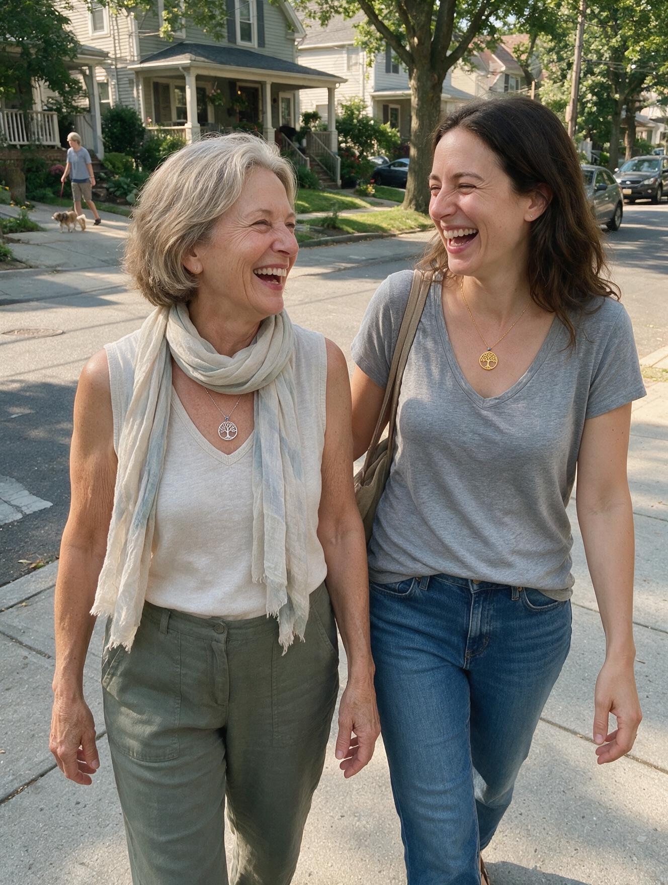 A mother and her adult daughter out together, both wearing the little tree pendant