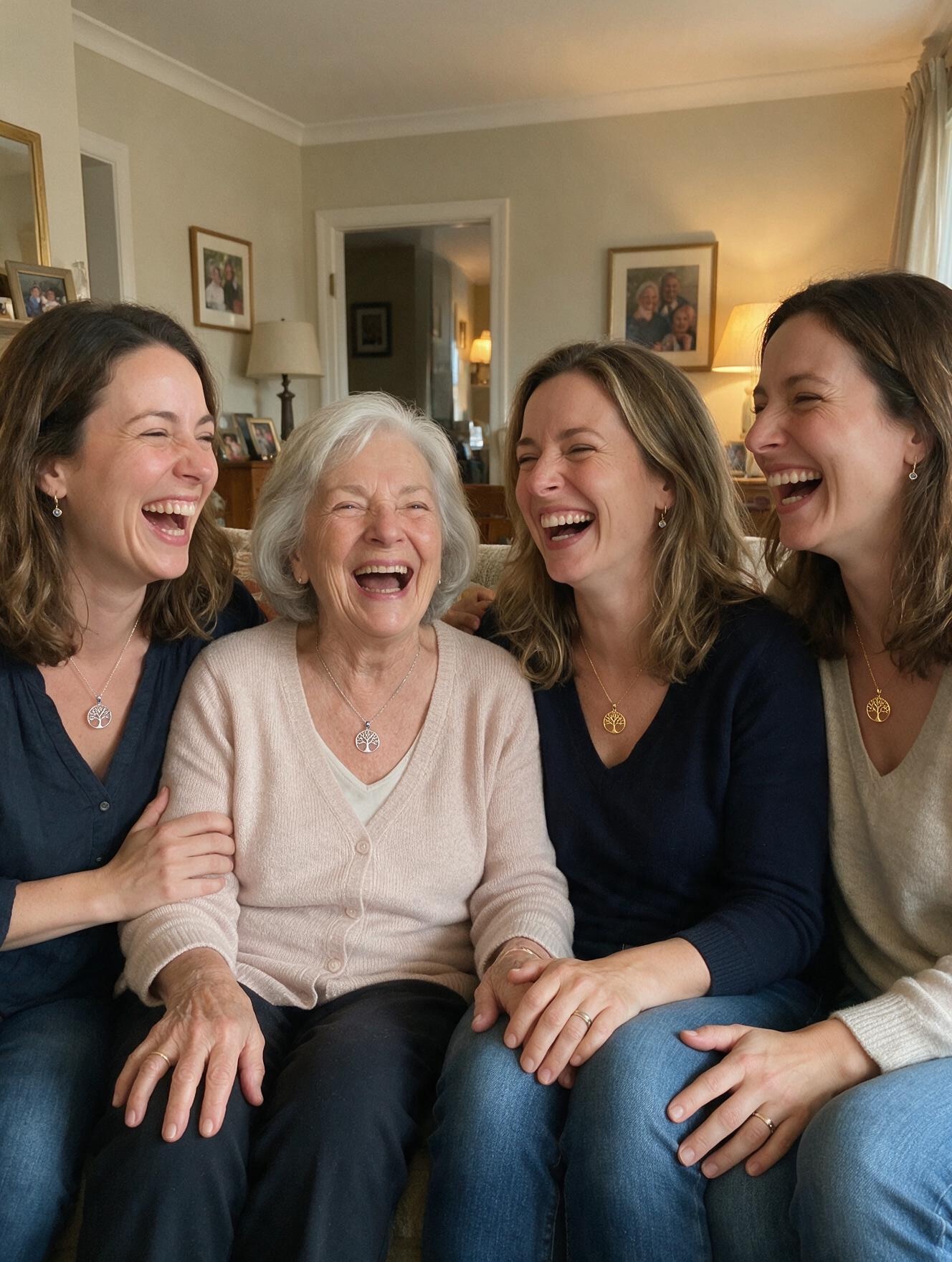 A group of four women — a mum and her three daughters — all wearing the same little tree