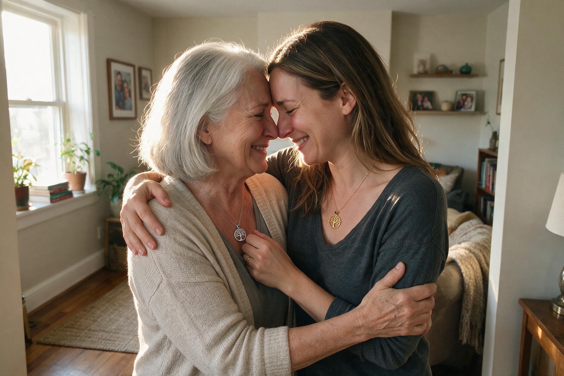 An older woman and her adult daughter, both wearing the matching tree-of-life necklaces, sharing a quiet moment